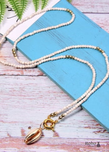 Boho Necklace, Long Blue Hippie Shell